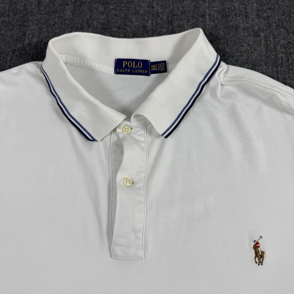 Polo Ralph Lauren Men's Polo Shirt 4XLT Big Tall White Navy Trim Pony
